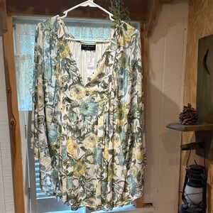 Flowy Floral V-Neck Top with Blue and Yellow Flowers